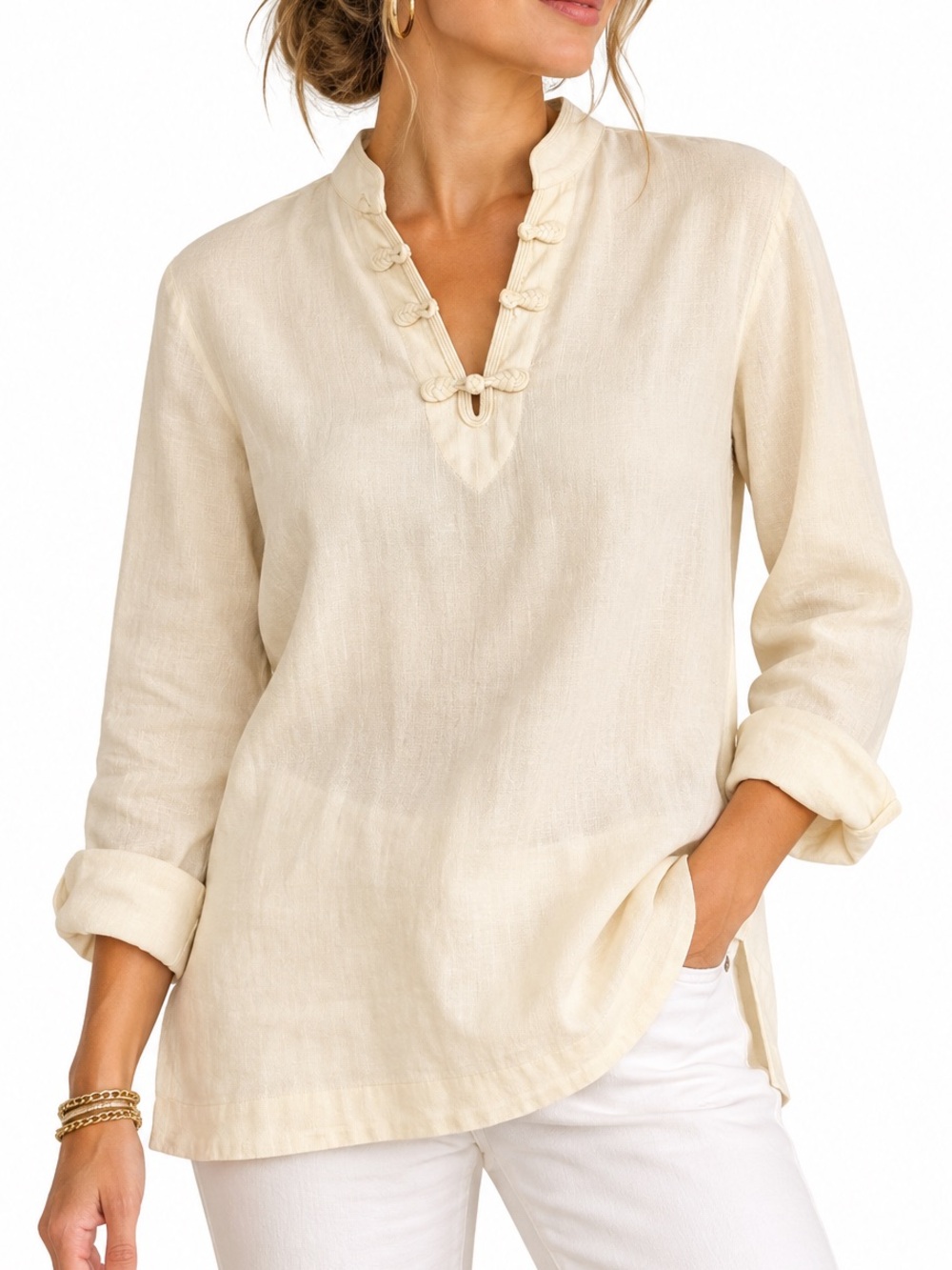 Lauren Ralph Lauren Cream Off White 100% Linen Mandarin Collar Tunic Top sz S